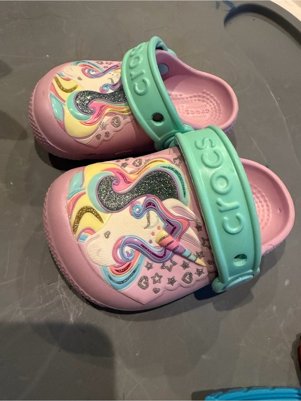 CROCS Pink Unicorn Clogs with Mint Green Strap